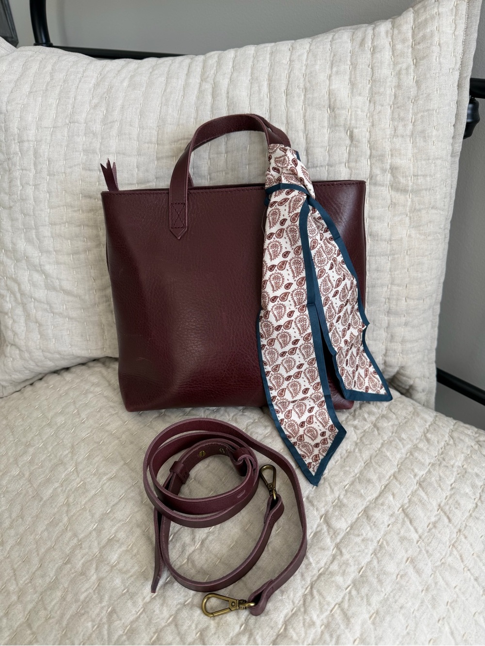 Madewell Brown Leather Tote with detacheable crossbody strap and scarf. 9.5x10